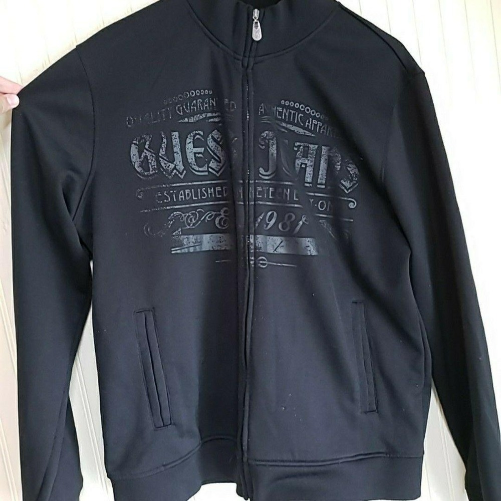 Guess Sweatshirt Mens XL‎ Black Full Zip Mock Neck Fleece Graphic Logo Jacket